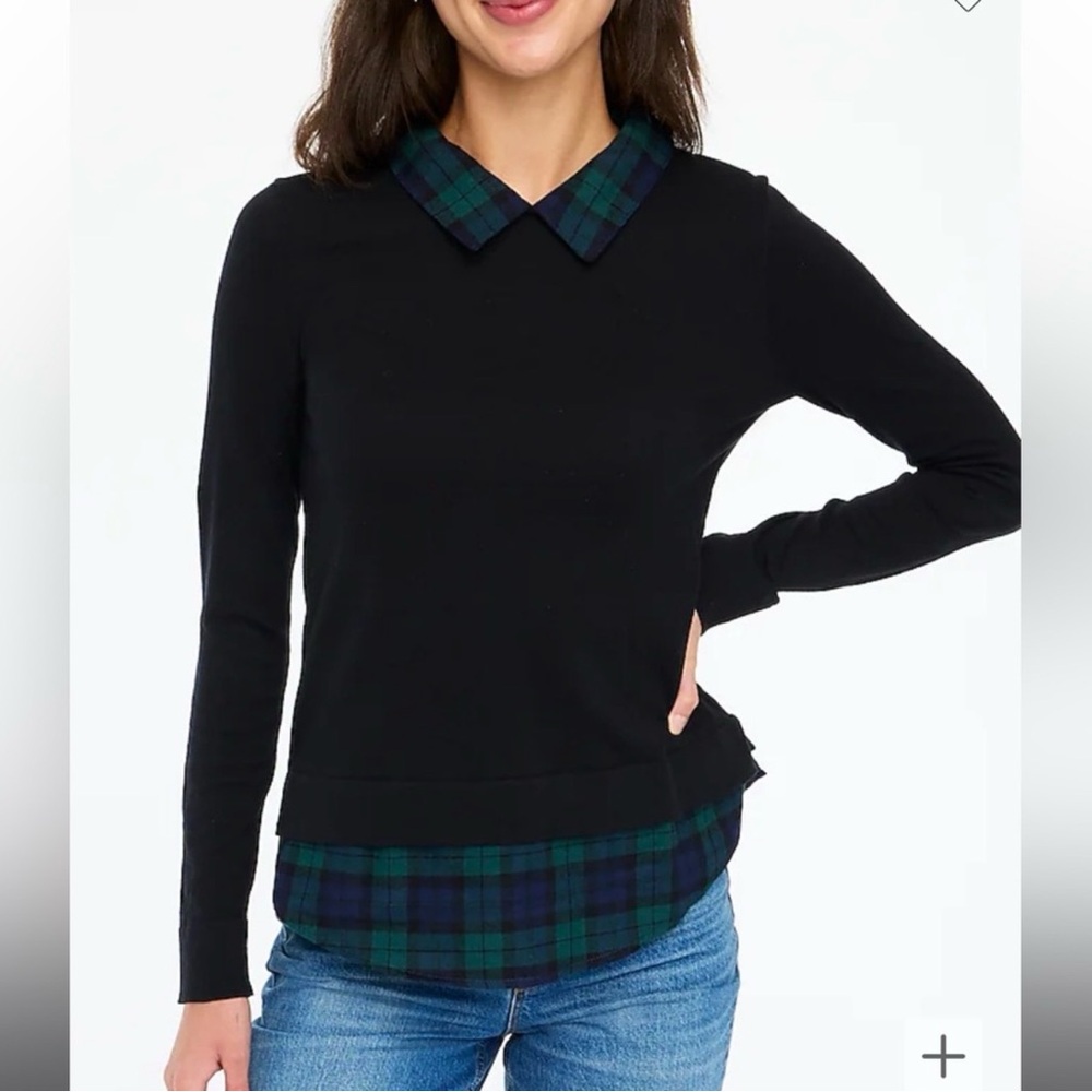 J. Crew Black Sweater with Green Plaid Collar and Hem size small NWT